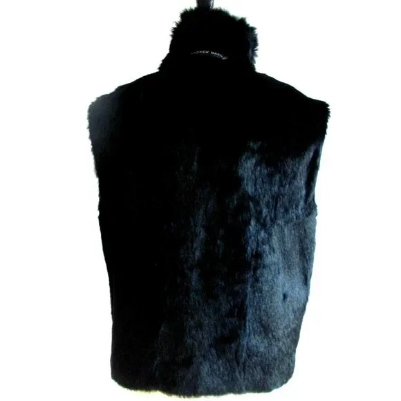 Unisex Fur Vest Designer Andrew Marc Black Rabbit Fur High Neck Sleeveless Vest